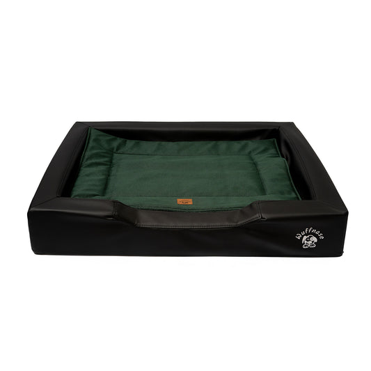 Orthopädisches Hundebett Pfotenruhe im Set mit Anti-Haar Decke Ella – SCHWARZ/DUNKELGRÜN